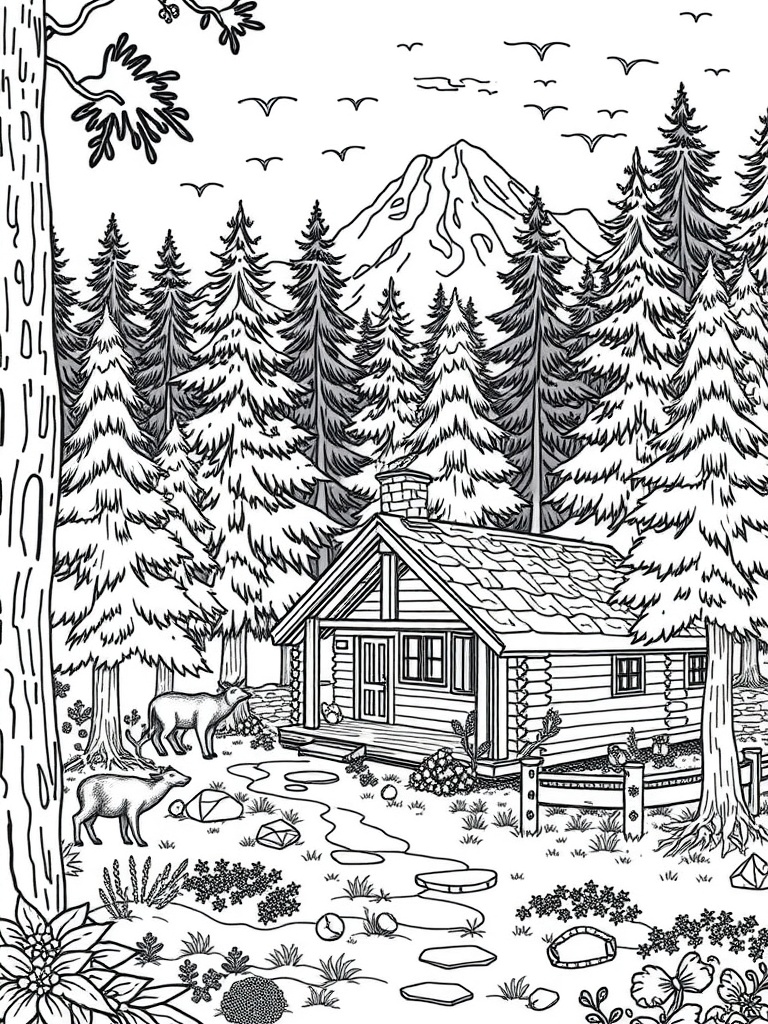 Coloring page of a cozy cabin in a forest with mountains in the background.