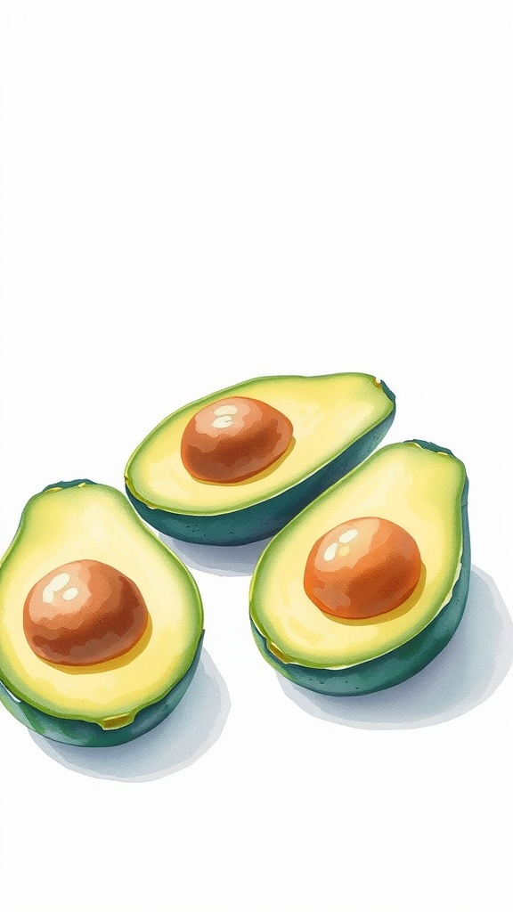 Three halved avocados with pits on a white background.