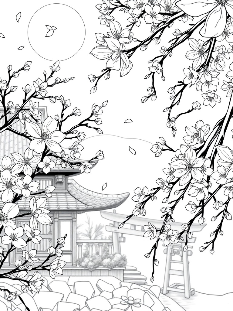 Oriental cherry blossom scene coloring page featuring flowers and traditional architecture.