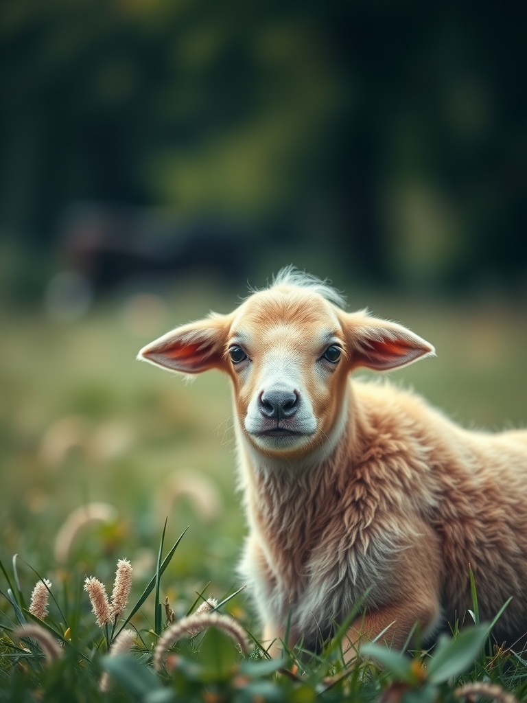 A peaceful portrait of a young animal with soft fur, surrounded by grass.