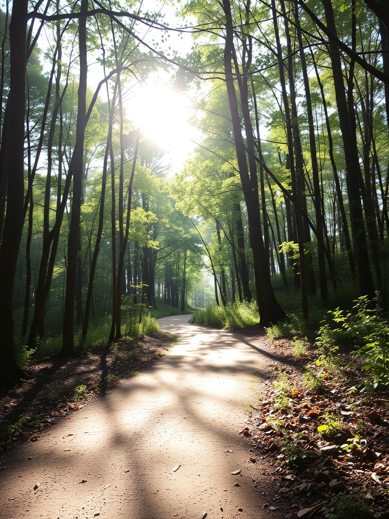 A serene forest pathway illuminated by soft sunlight.