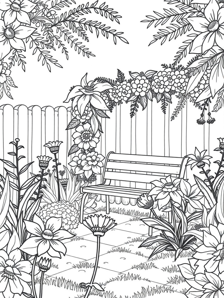 Coloring page of a peaceful garden with flowers and a bench.