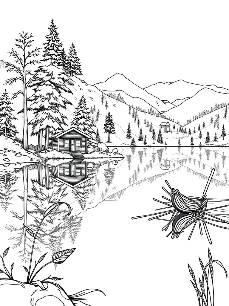 A black and white illustration of a cabin by a lake, surrounded by trees and mountains.