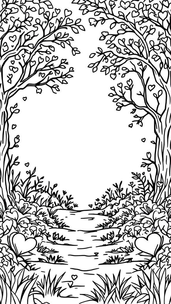 A black and white illustration of heart frames among trees and flowers, ideal for coloring.