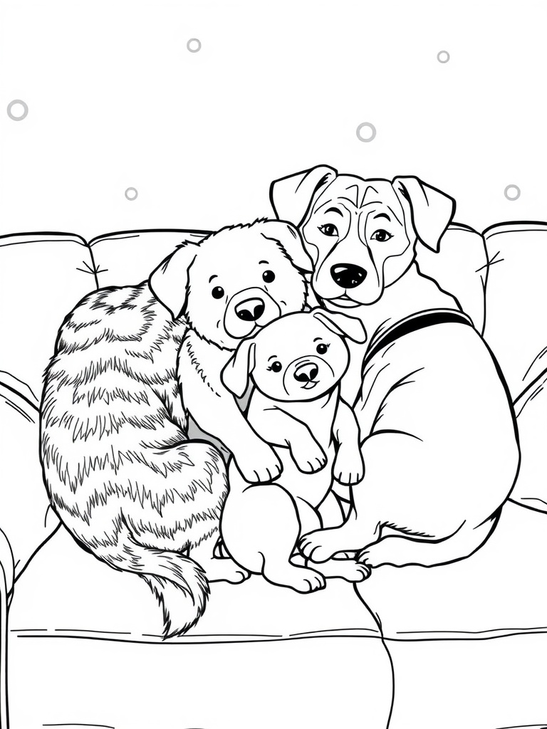 Coloring page of three cute dogs snuggling on a couch