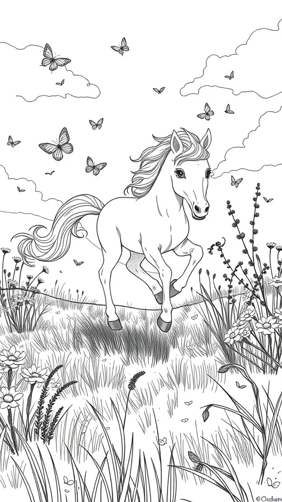 A cute foal running through a meadow filled with flowers and butterflies.