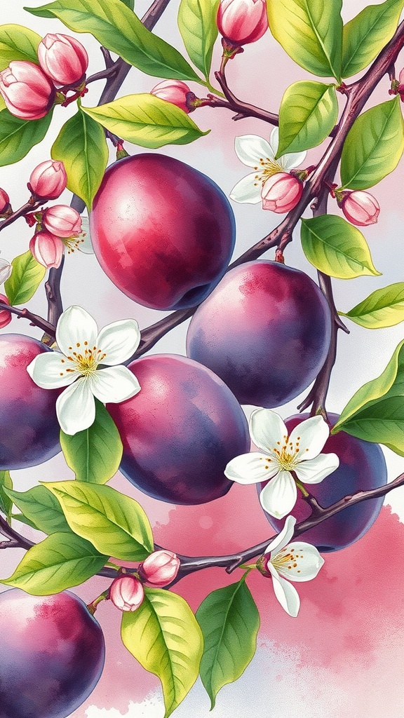 Watercolor illustration of plums and plum blossoms on branches.