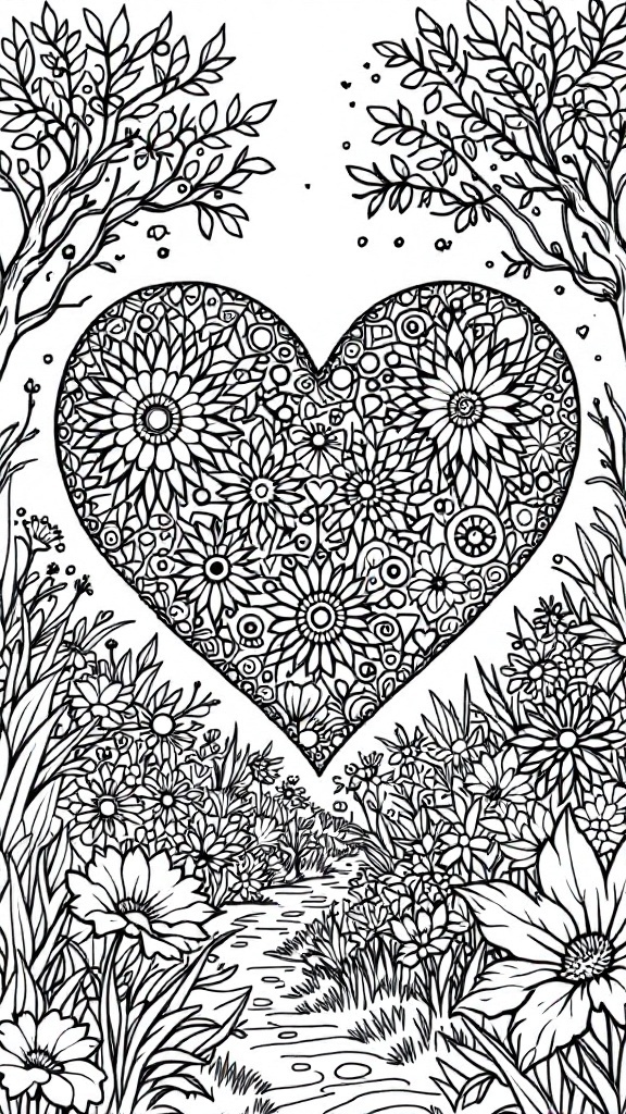 An intricate heart filled with flower patterns surrounded by plants and a winding path.