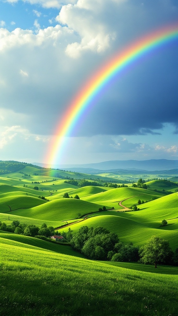 A colorful rainbow over rolling green hills with fluffy clouds.