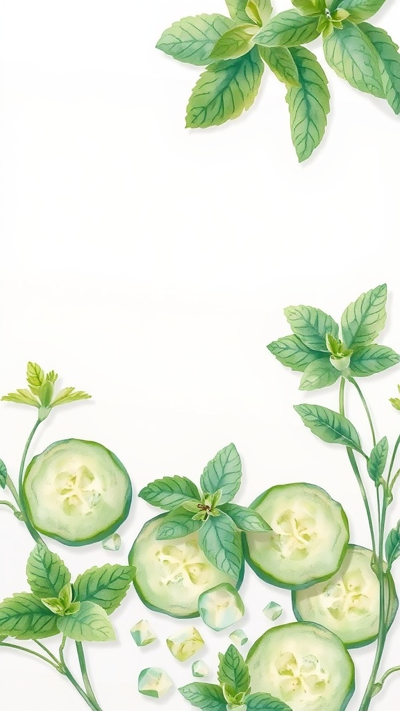 Watercolor illustration of cucumber slices and mint leaves on a white background.