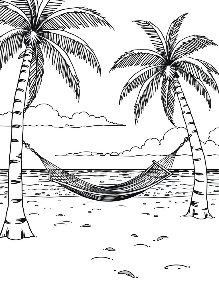 A coloring page featuring a hammock between two palm trees on a beach