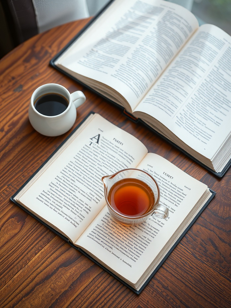 A cozy setup featuring a cup of tea, a cup of coffee, and open books on a wooden table.