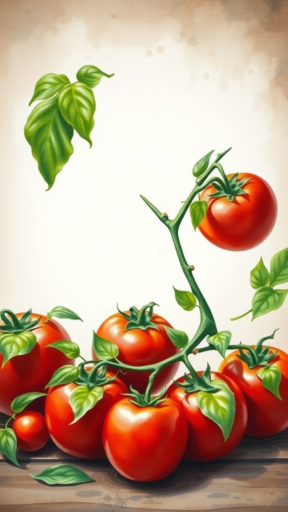 Watercolor painting of ripe tomatoes on a vine with green leaves.