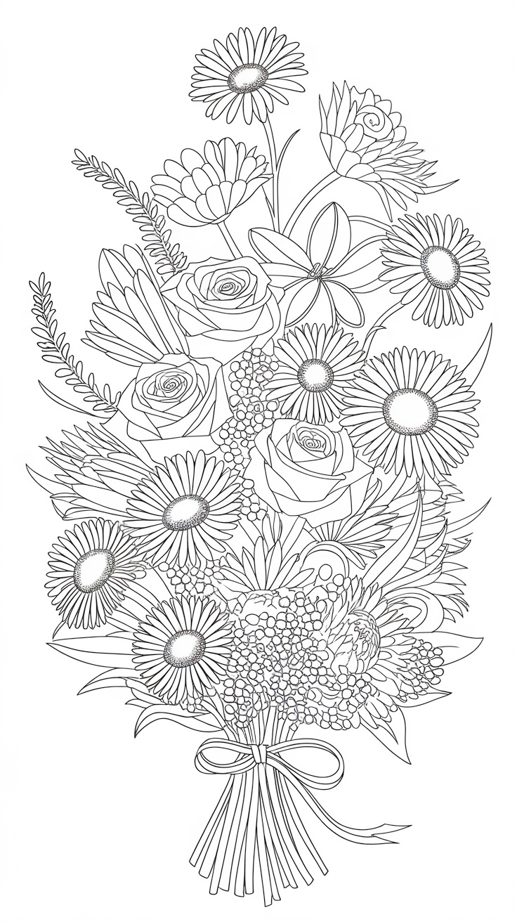 Line drawing of a romantic flower bouquet for coloring