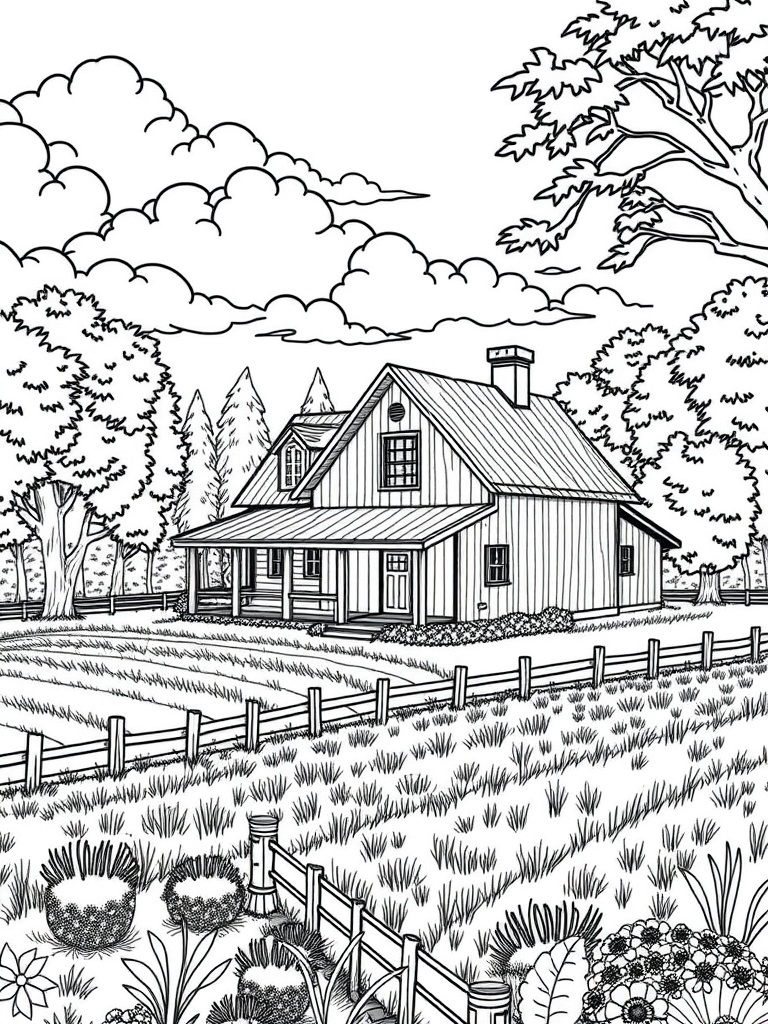 A black and white drawing of a rustic farmhouse surrounded by trees and a garden.