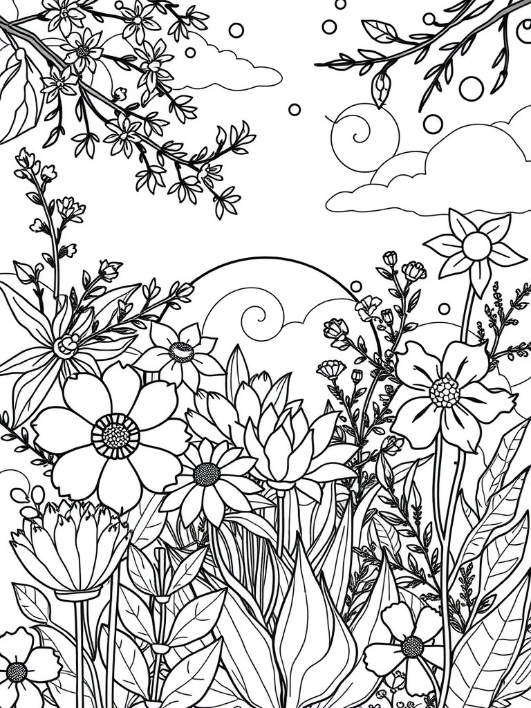 Black and white coloring page featuring various flowers and leaves, perfect for adults.