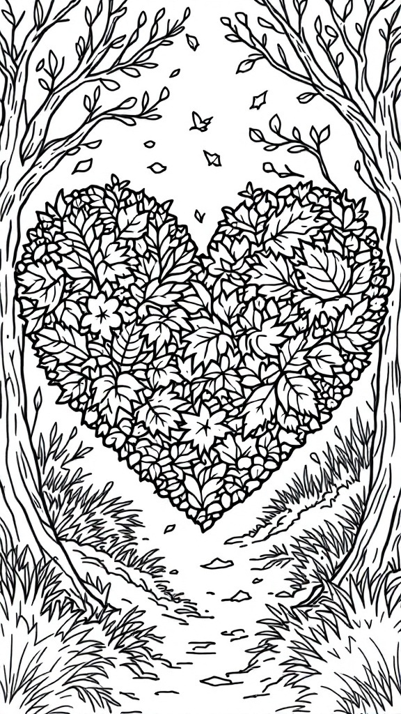 Black and white heart-shaped design filled with leaves and flowers, framed by trees.