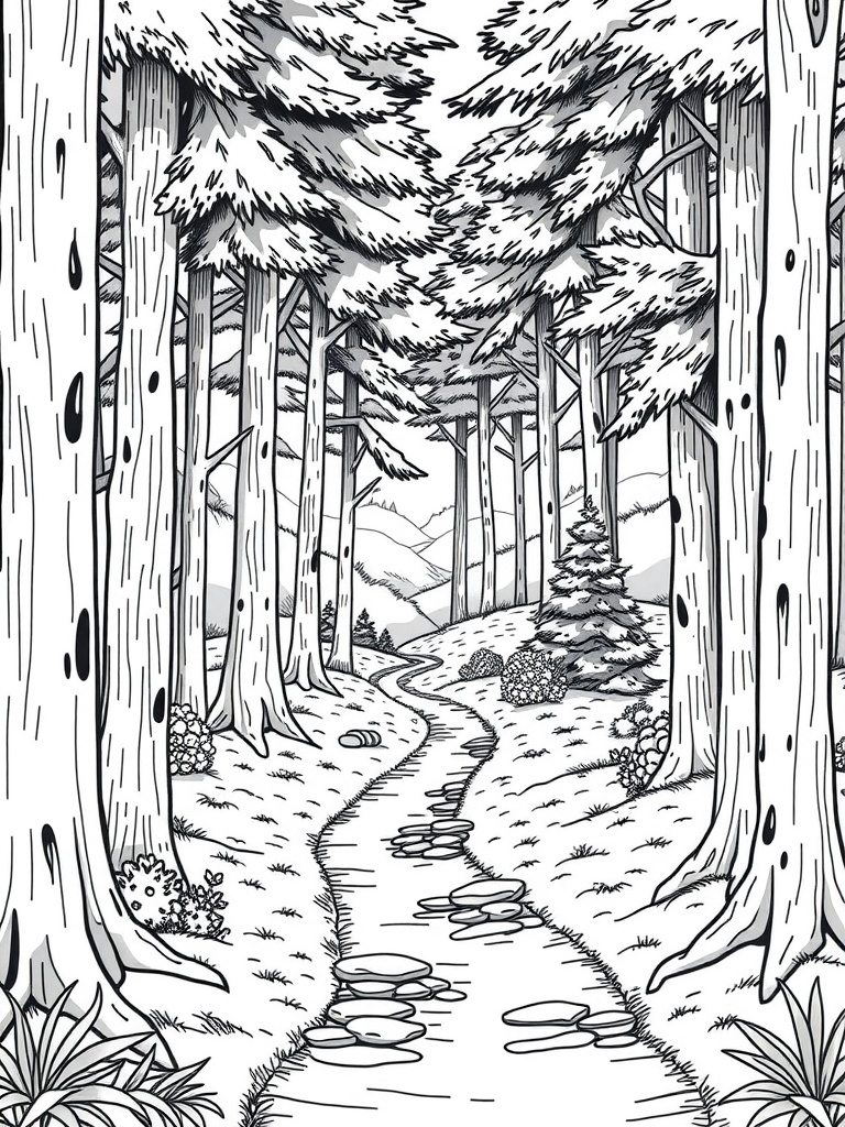 Cozy coloring page of a serene forest with a winding path and tall trees