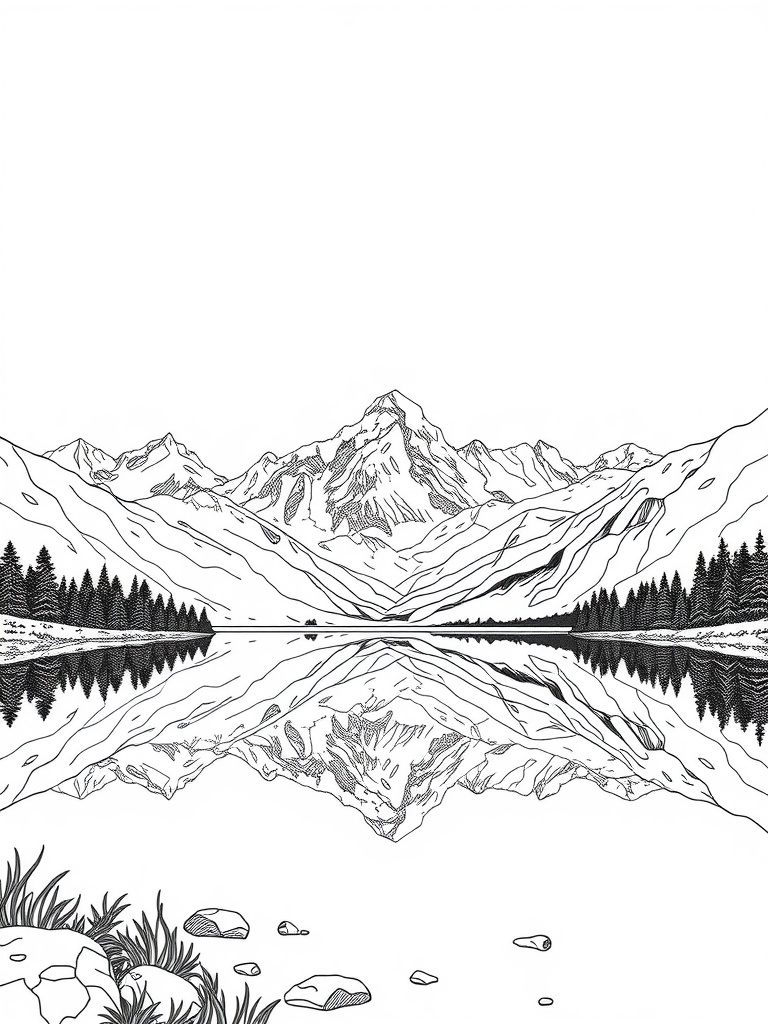 Cozy coloring page of a serene mountain view with a reflection in the water.