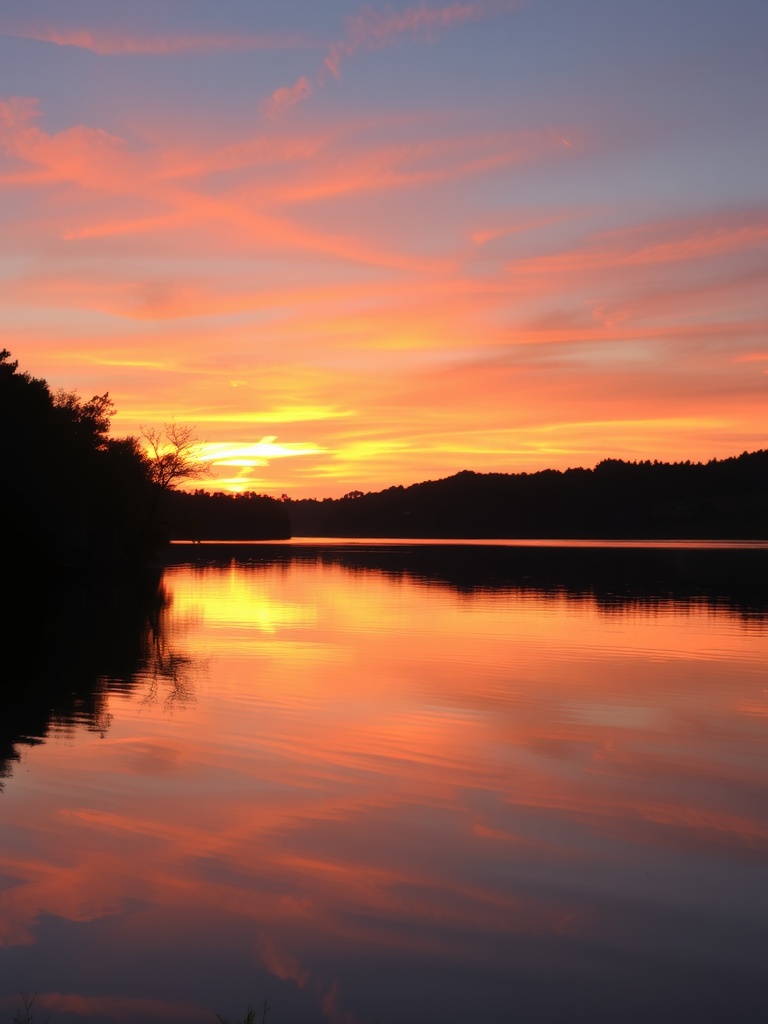 A serene sunset over a lake with vibrant orange and purple hues reflecting on the water.