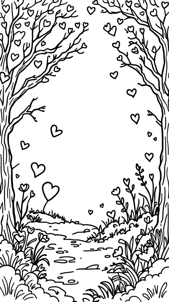 An illustration of a path flanked by trees with heart-shaped leaves, designed for coloring.