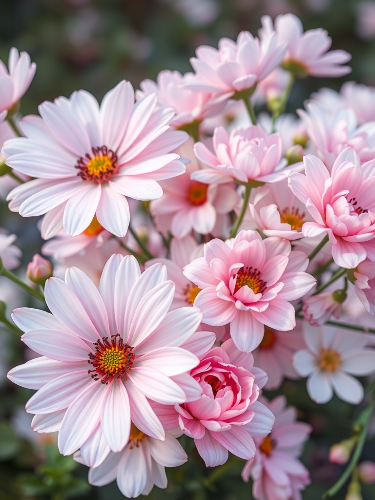 A close-up of soft pink flowers in full bloom.