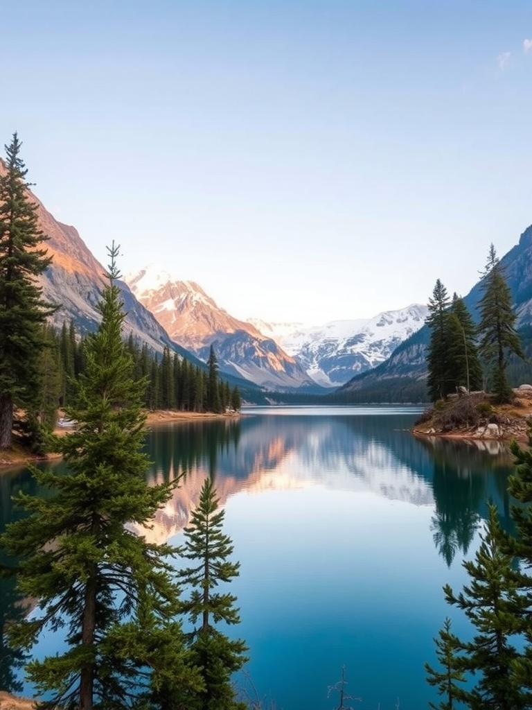 A tranquil lake reflecting mountains and trees under a clear sky.