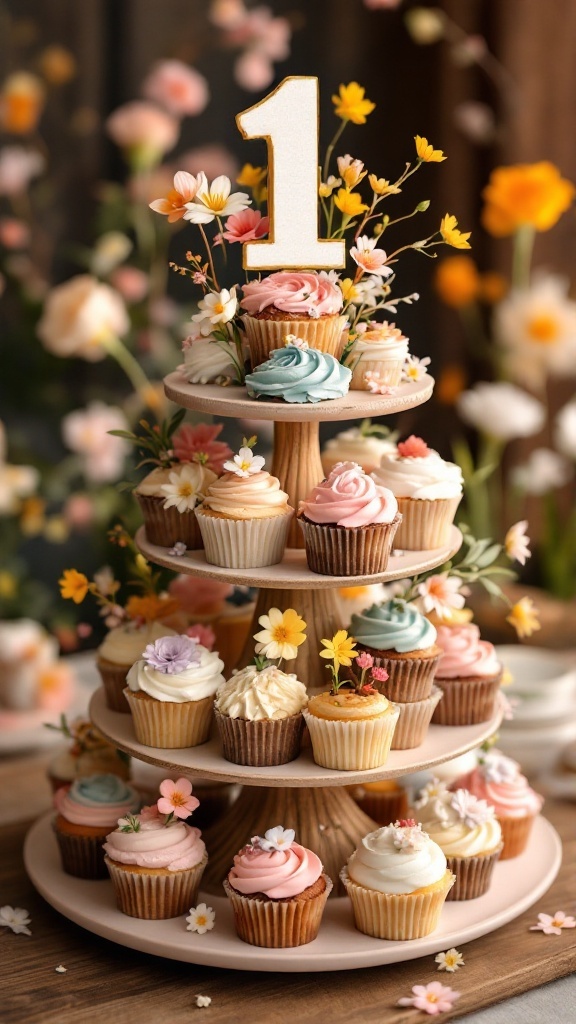 42 Creative Spring Themed Ideas for a First Birthday Celebration 29 A beautifully arranged cupcake tower with various cupcakes topped with flowers and pastel frosting, celebrating a first birthday.