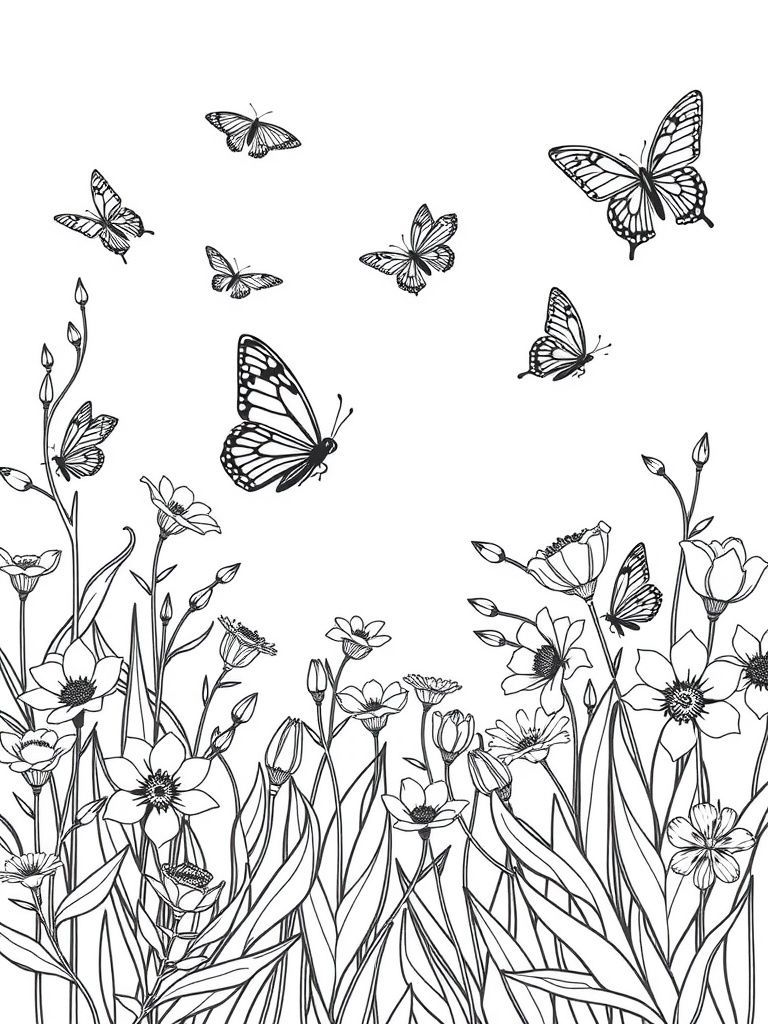 A line art illustration of spring flowers and butterflies.