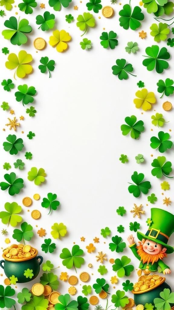 A collage of St. Patrick's Day symbols including shamrocks, gold coins, and a leprechaun.