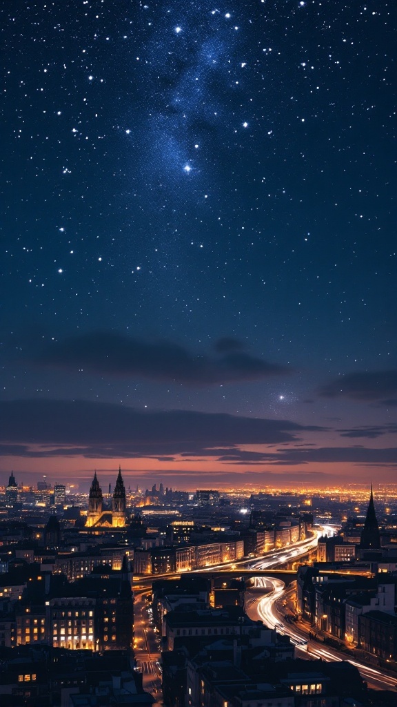 A starlit night view over Dublin with city lights glowing.