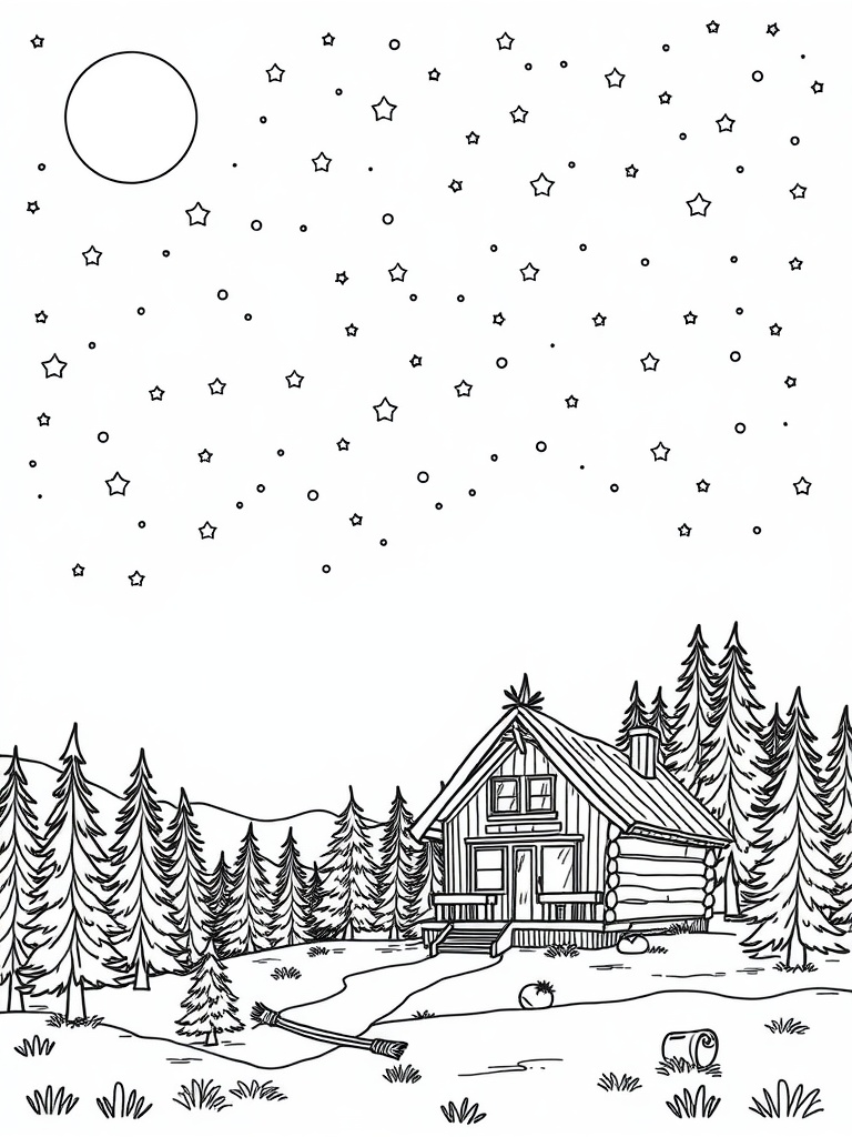 A coloring page featuring a cabin under a starry night sky with trees.