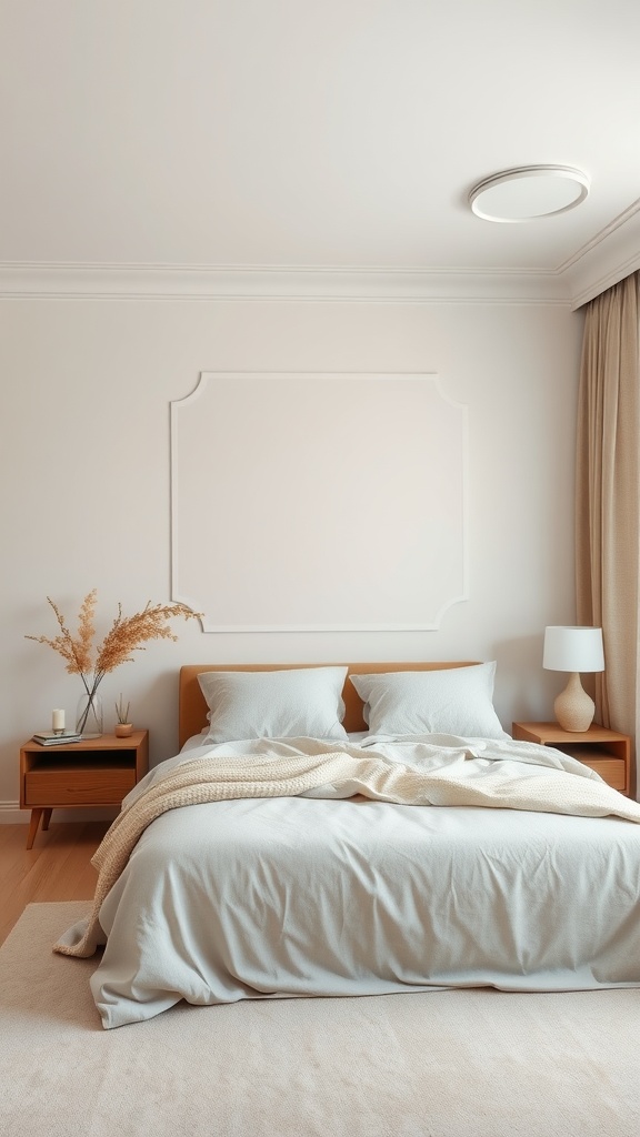 A serene bedroom with a muted color palette featuring a light blue bedspread, wooden furniture, and soft lighting.