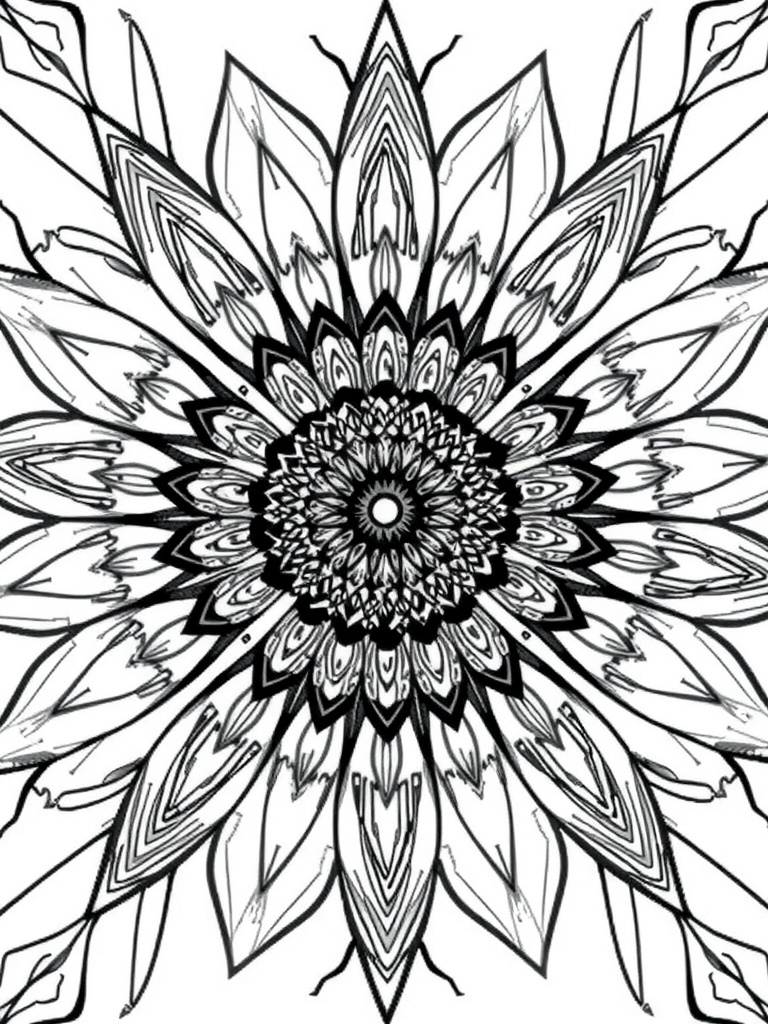 A detailed sunflower mandala coloring page featuring large sunflowers, intricate designs, and a peaceful background.