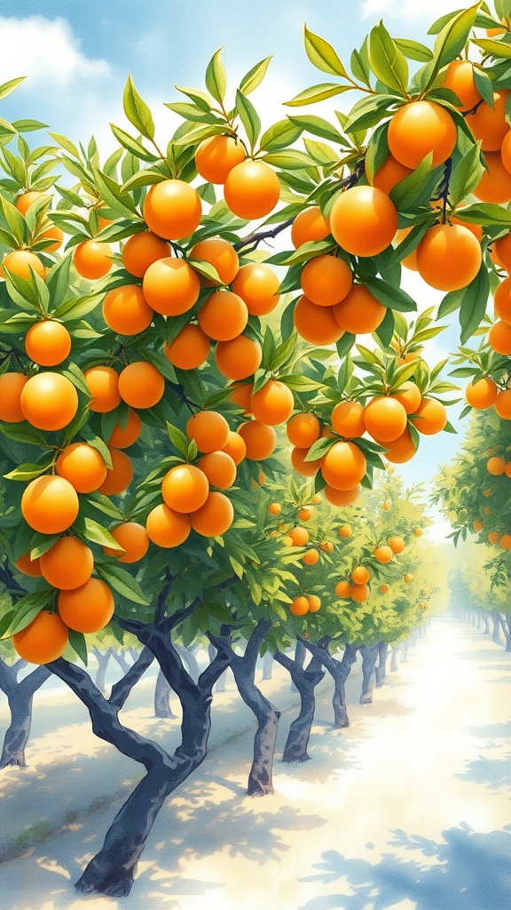 A watercolor illustration of an orange grove with bright oranges and green leaves under a blue sky.