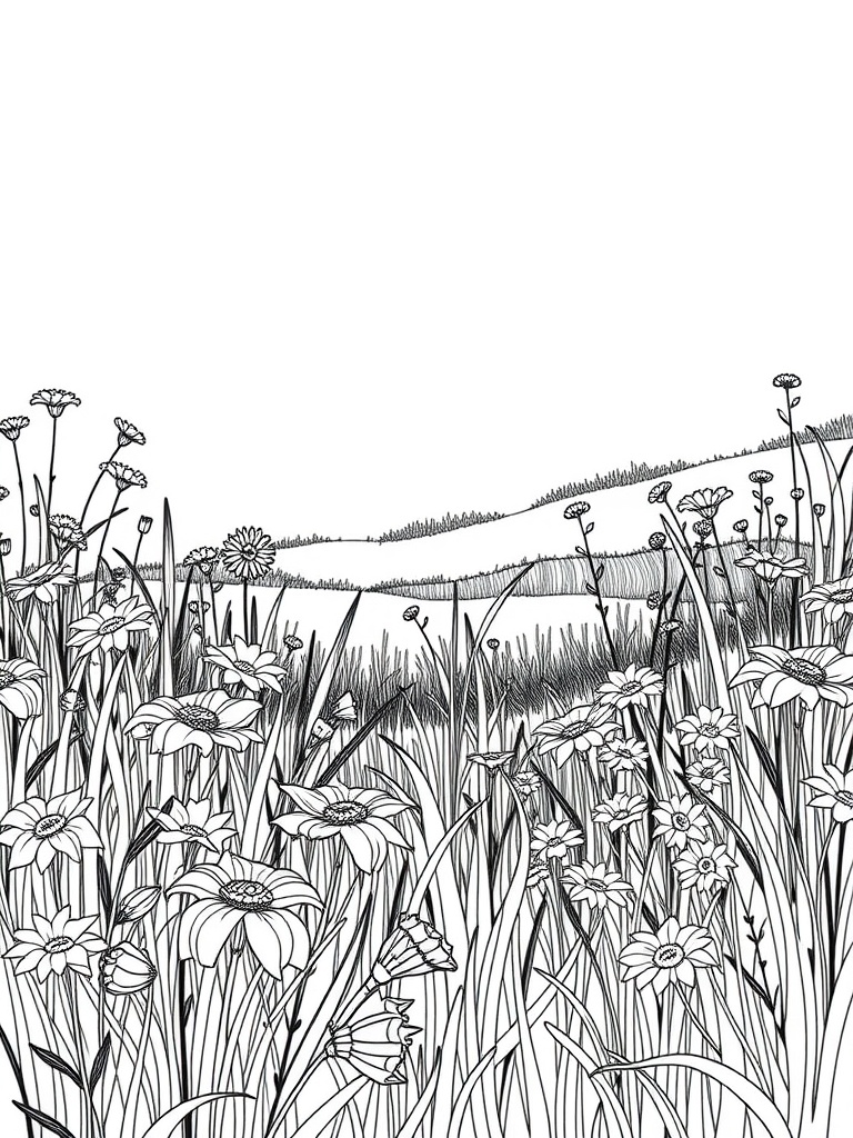 Black and white illustration of a sunny flower meadow with various flowers and grass.