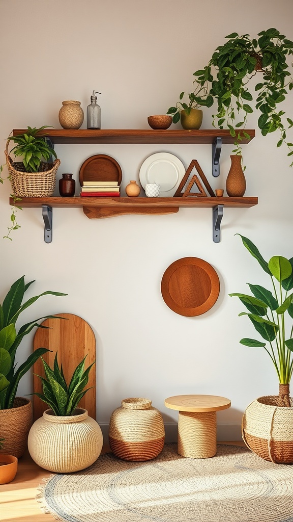 A cozy interior showcasing natural decor elements like wooden shelves, plants, and woven pots.