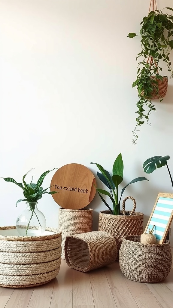 A collection of natural fiber baskets and greenery, showcasing eco-friendly home decor.