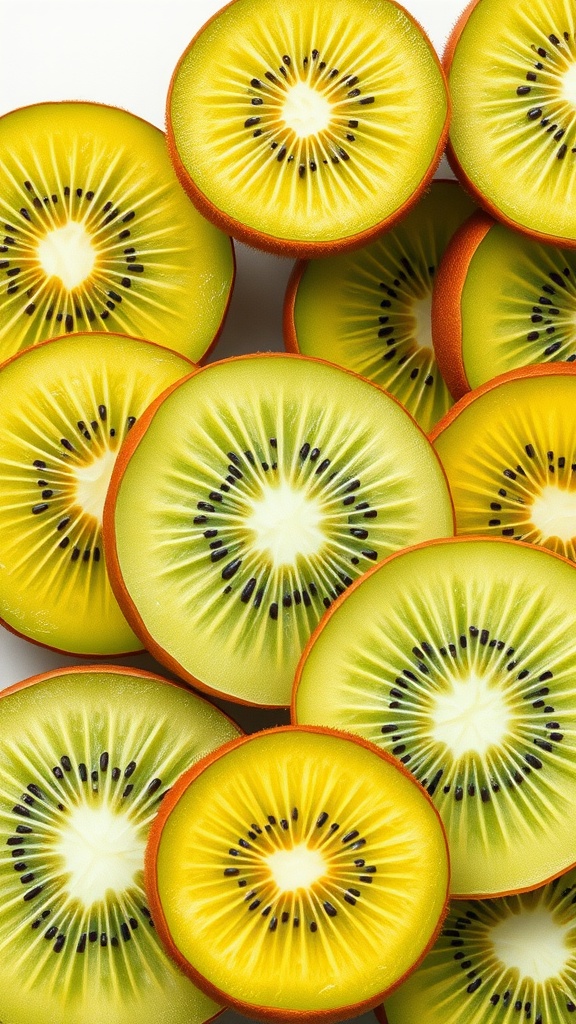 A close-up of bright kiwi slices arranged in a vibrant pattern.