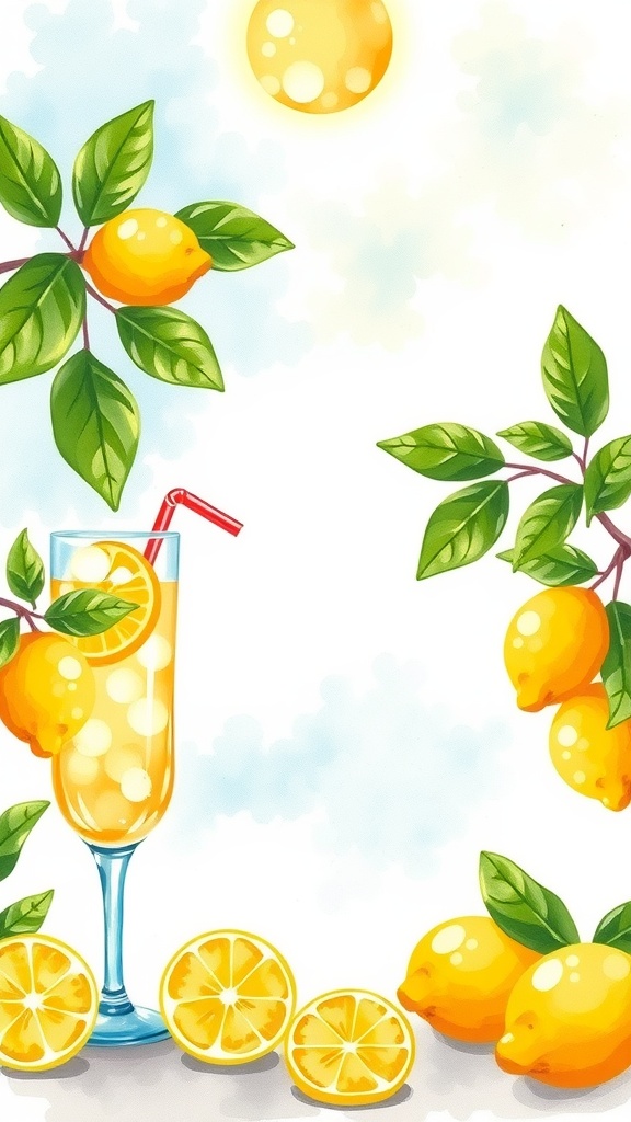 Watercolor illustration of a refreshing lemonade drink with lemons and leaves