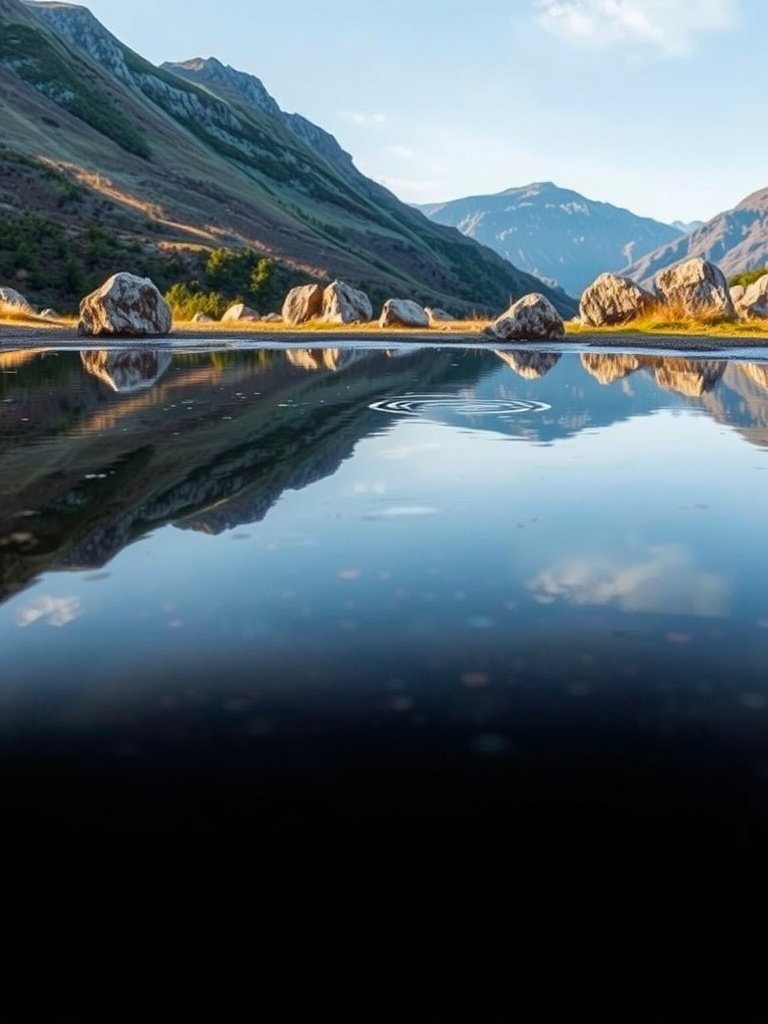 A tranquil reflection pool surrounded by mountains and rocks.