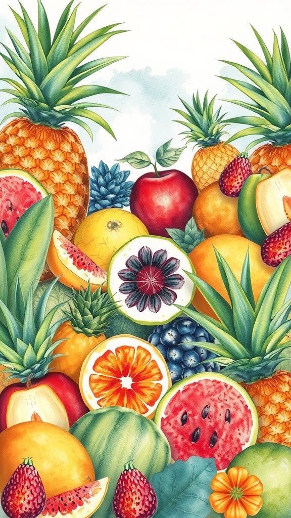 Watercolor illustration of various tropical fruits including pineapples, watermelons, and strawberries.