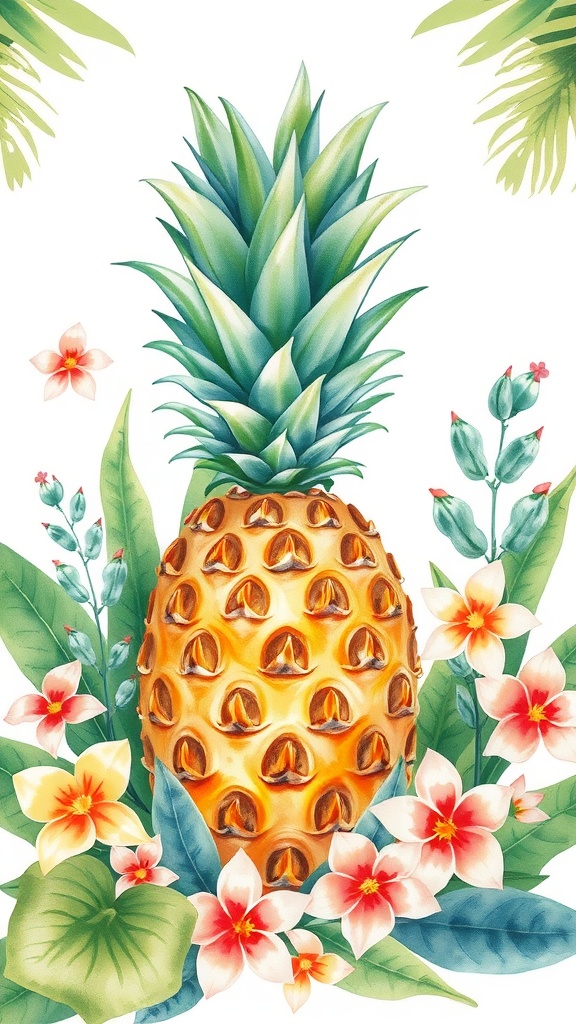 A vibrant watercolor illustration of a pineapple surrounded by tropical leaves and flowers.