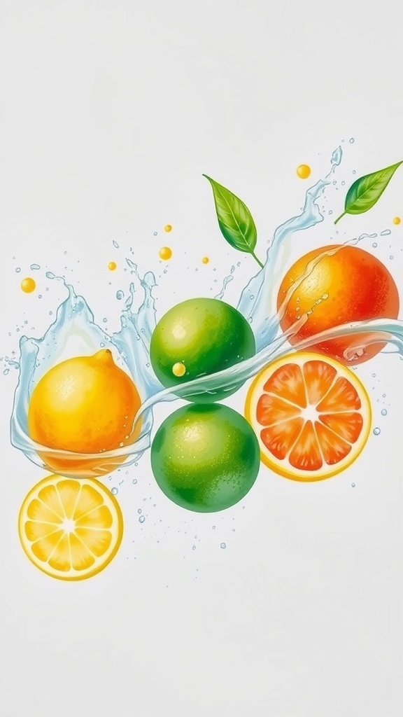 A splash of colorful citrus fruits including lemons, limes, and oranges.