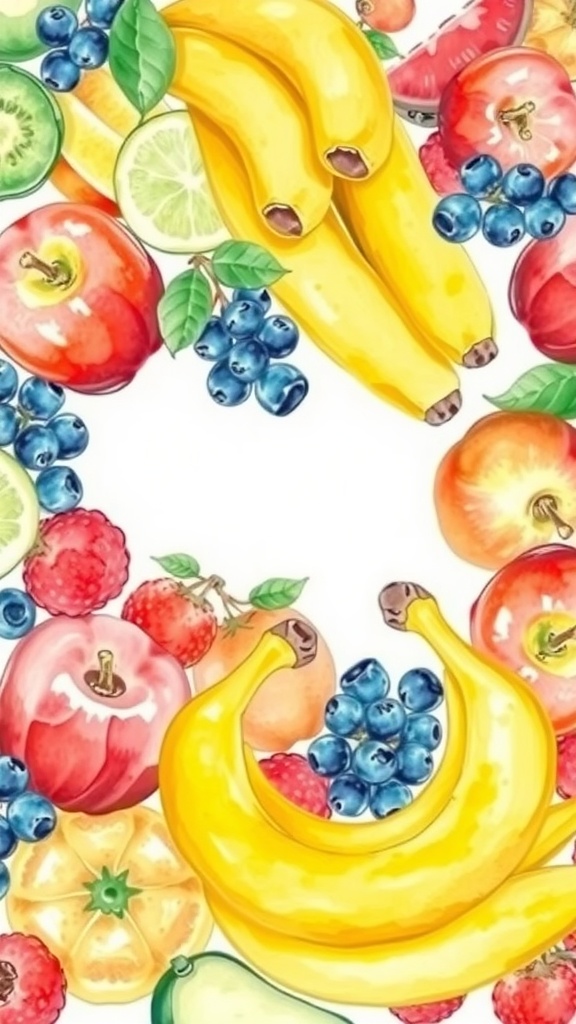 A vibrant watercolor illustration of various fruits including bananas, apples, and blueberries.