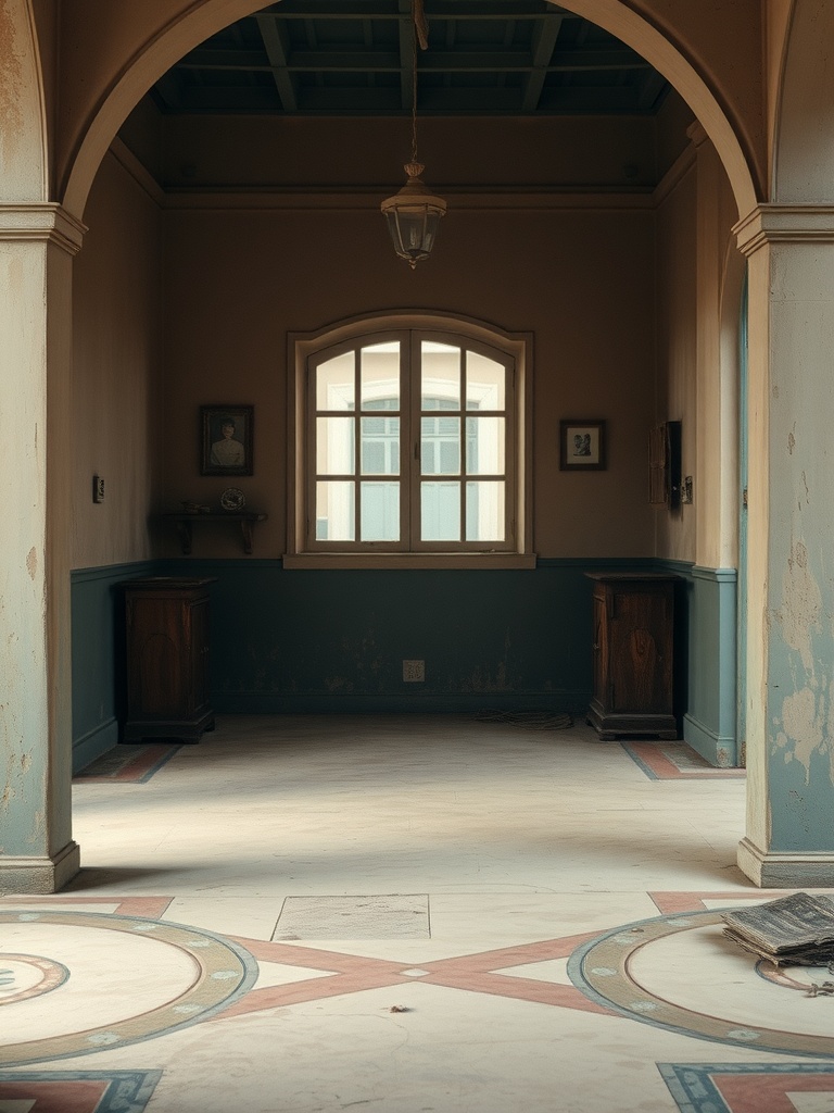 A vintage interior scene featuring an arched doorway, soft lighting, and muted colors.