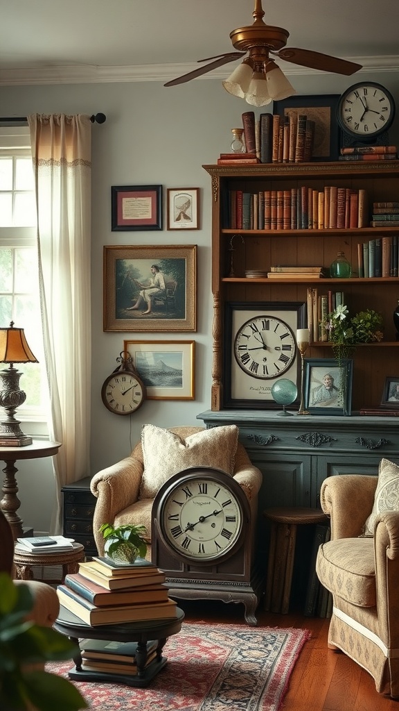 A cozy living room with vintage decor, featuring a wooden bookshelf filled with books and framed art, a unique clock, and a comfortable armchair.