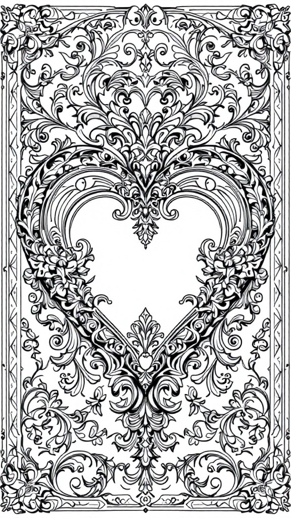 Intricate vintage heart design coloring page