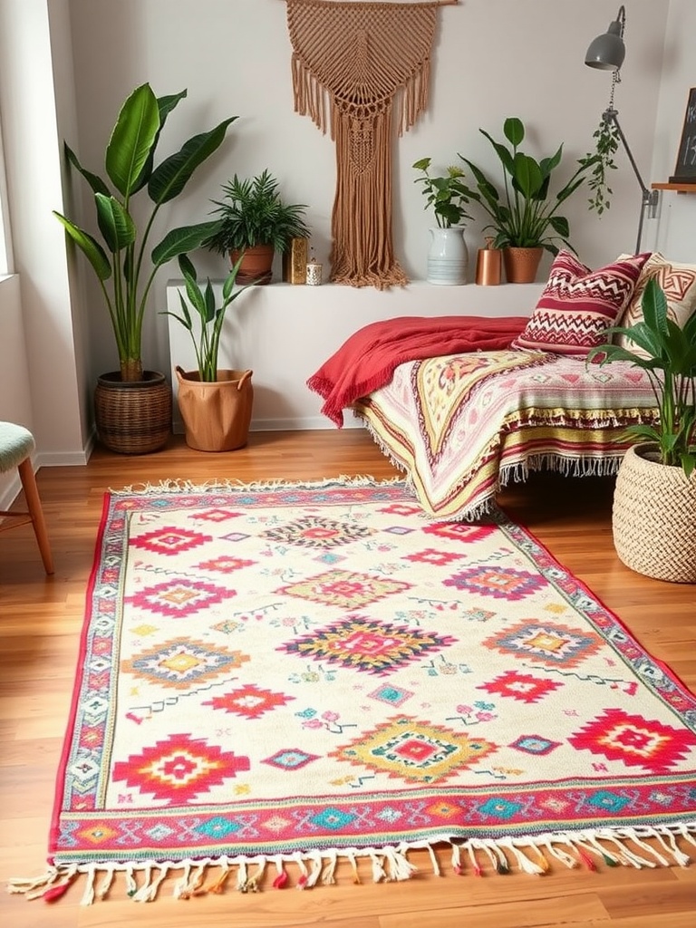 A colorful vintage Kilim throw rug on a wooden floor, surrounded by plants and bohemian decor.