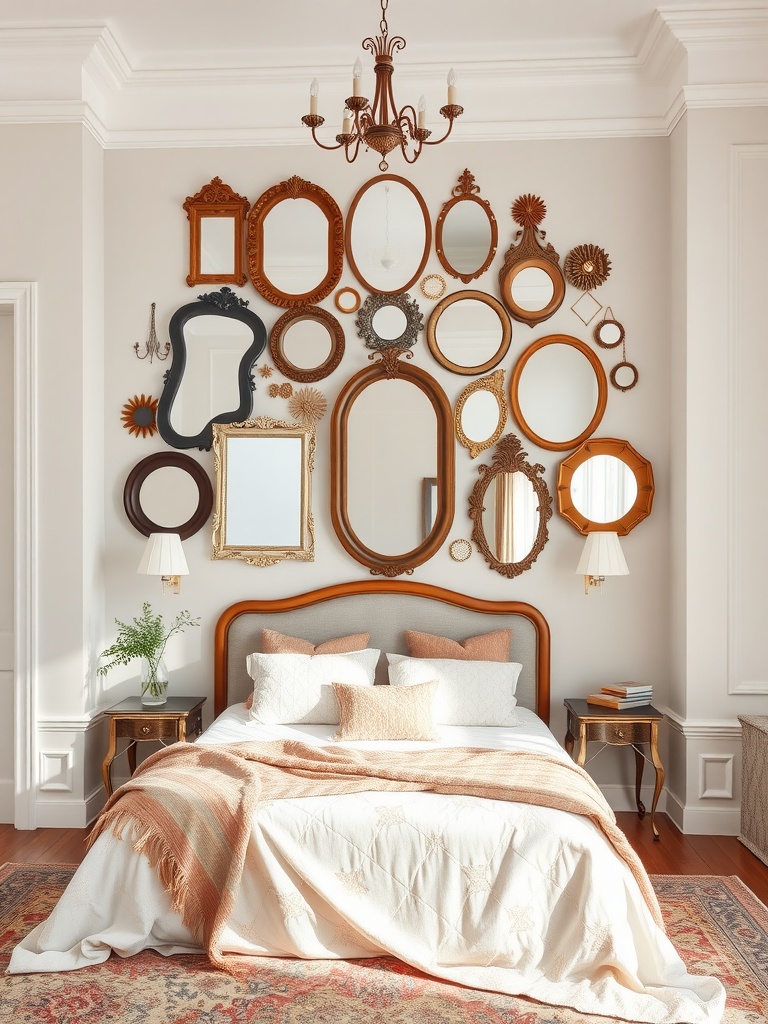 A cozy bedroom featuring an arrangement of vintage mirrors on the wall above the bed.